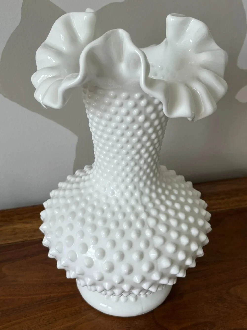 Fenton Large White Double Crimped Hobnail Vase 10.5